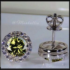 NEW WHITE GOLD PERIDOT GREEN & SIMULATED DIAMOND HALO ROUND EARRINGS